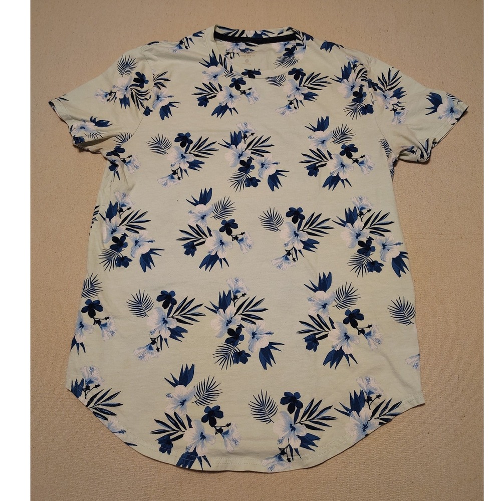 Hollister Curved Hem Tee Mint Green Blue Tropical Floral‎ Print Cotton Shirt M Q